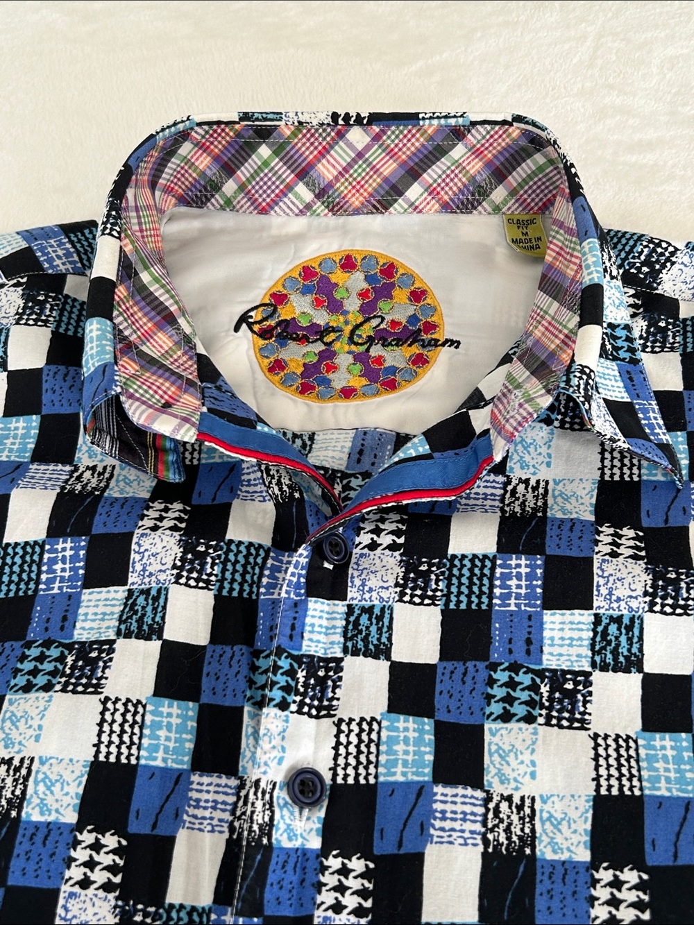 Robert Graham Blue, Black & White Check Patchwork Button-Down Shirt